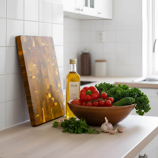 50% rabattSkärbräda i rosenträ med rutmönster och dubbelsidig ådring, perfekt för att skära kött och grönsaker och ge ditt kök en färgklick.